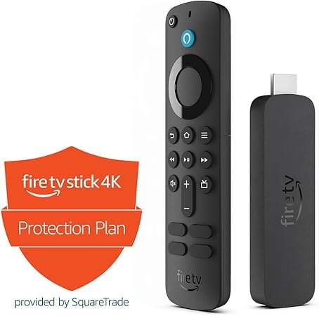 Amazon Fire TV Stick 4K with Alexa Voice Remote and 2-Year Protection Plan bundle image showing Dolby Vision and Wi-Fi 6 features