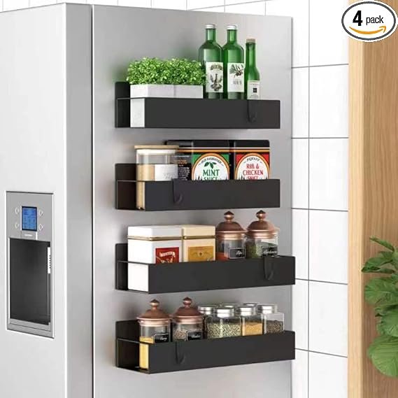 Metal Magnetic Spice Rack 4-Pack – Strong Black Fridge Organizer for Small Kitchen tool"