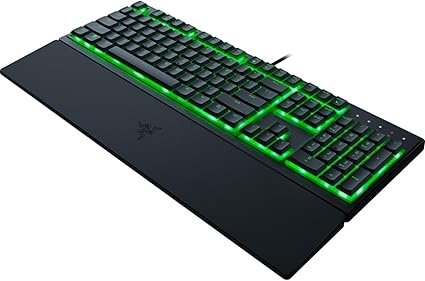 Razer Ornata V3 X Gaming Keyboard featuring low-profile keys, Chroma RGB lighting, ergonomic wrist rest, and spill-resistant design—ideal for best gaming keyboard under $50.