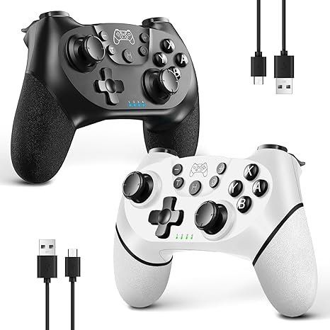 Two AceGamer Wireless Controllers in black and white color, compatible with Nintendo Switch, Lite, OLED, and Switch 2, featuring ergonomic design, turbo function, dual vibration, and motion control — ideal for multiplayer gaming under $30."