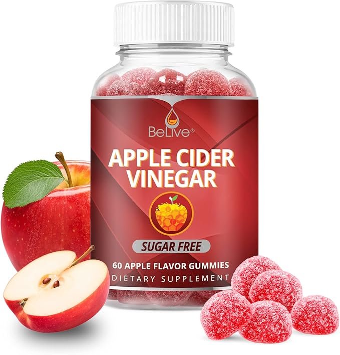 Apple cider vinegar gummies in bottle with apple slices beside and fitness tape Belly Fat