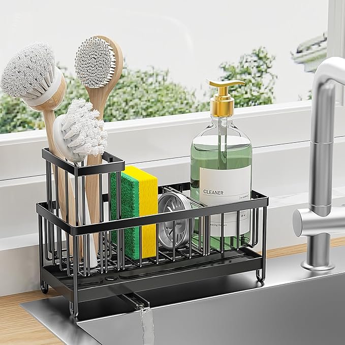 Cisily Black Sponge Holder – rustproof stainless steel kitchen tool organizer with soap dispenser and brush holder"