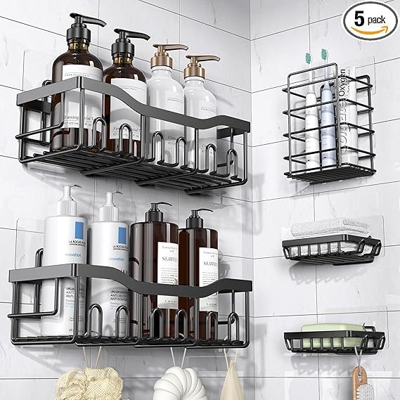 Set of 5 adhesive stainless steel shower caddies mounted on white bathroom tile, holding shampoo bottles, soap, and bathroom accessories home décor.