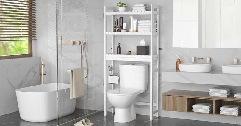 Kalrin 4-tier over-the-toilet black storage rack with wooden shelves, holding towels, tissue, and baskets in a modern bathroom setting. Home décor