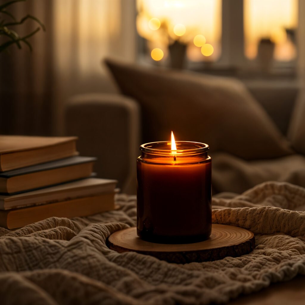 Elegant candle warmer lamp with dimmable bulb, gently melting a jar candle on a wooden nightstand in a cozy bedroom home décor.