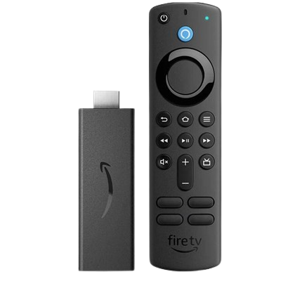 Like-new Amazon Fire TV Stick HD with Alexa voice remote, showing TV controls and streaming apps like Netflix and Prime Video on smart TV"