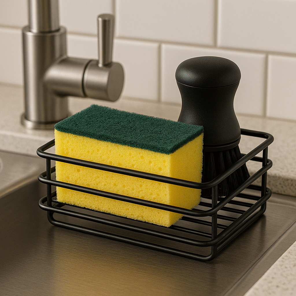 Cisily Black Sponge Holder – rustproof stainless steel kitchen tool organizer with soap dispenser and brush holder"