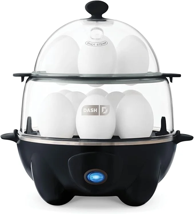 “DASH Deluxe 12-Egg Capacity Rapid Egg Cooker in Black – Double-tier egg boiler with auto shut-off, poaching tray, and steamer functionality. the best egg boiler”