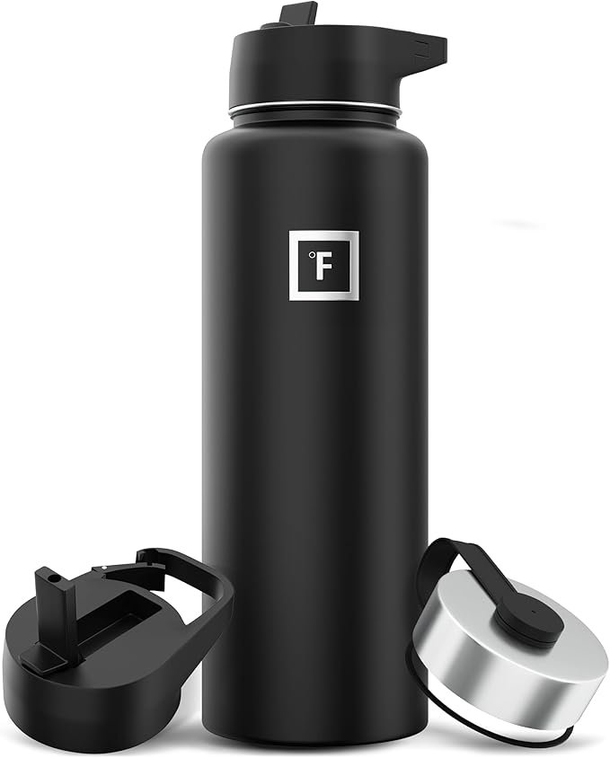 Iron Flask 40oz best insulated water bottle in Midnight Black with 3 leakproof lids.