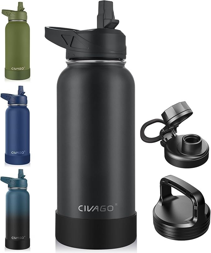 CIVAGO 32oz insulated water bottle in Black with 3 lids – best insulated water bottle for sports