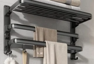 VOLDRA Towel Rack with two bars and seven hooks in modern bathroom"