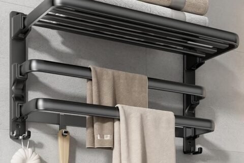 VOLDRA Towel Rack with two bars and seven hooks in modern bathroom"