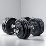 “Amazon Basics 38-pound adjustable dumbbell in black with metal handle and secure locking plates, suitable for home workouts and strength training, photographed on white background, realistic and detailed fitness equipment.”