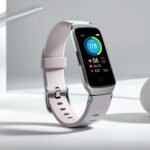 “Fitbit Charge 6 Fitness Tracker in porcelain/silver with S & L bands, color OLED display showing heart rate, exercise stats, and Google app notifications, photographed on white background, sleek unisex smart fitness band.”