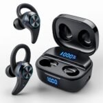 “Black wireless sports earbuds with charging case and LED power display, noise canceling, IPX7 waterproof design, 80 hours playtime, ideal for workout, gym, and running.”