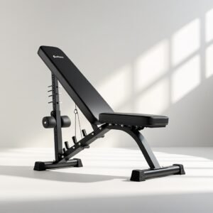 “Yoleo Adjustable Weight Bench in black with incline, decline, and flat positions, foldable and quick-adjust design, sturdy steel frame for full-body home workouts, photographed on white background, realistic gym equipment.”