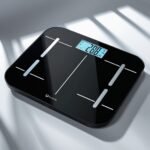 “RENPHO Smart Scale in black with large VA digital display showing weight, BMI, body fat, and muscle mass, Bluetooth-enabled and compatible with fitness apps, photographed on white background, modern digital bathroom scale.”