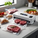 Food Vacuum Sealer Machine, 75KPA Strong Suction, Dry/Wet Modes, 20 Vacuum Seal Bags for Food, Digital Countdown Timer, Compact Lightweight, Ideal for Home Kitchen Use